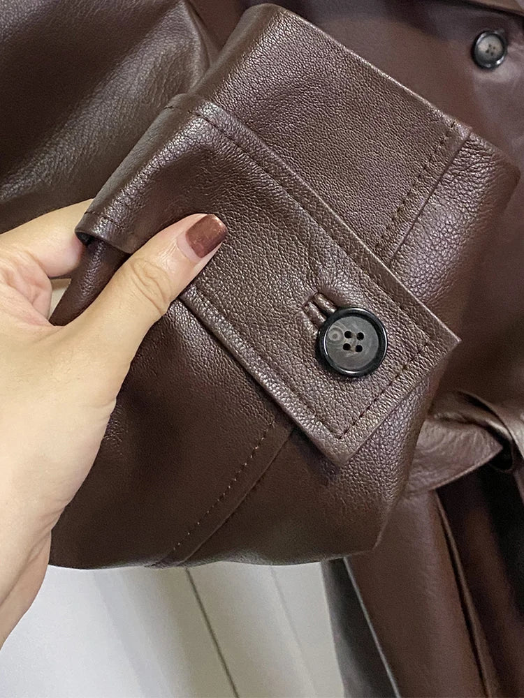 Frühling Herbst Lange Wein Rot Weiche Faux Leder Graben Mantel für Frauen Gürtel Zweireiher Luxus Elegante Mode 2022