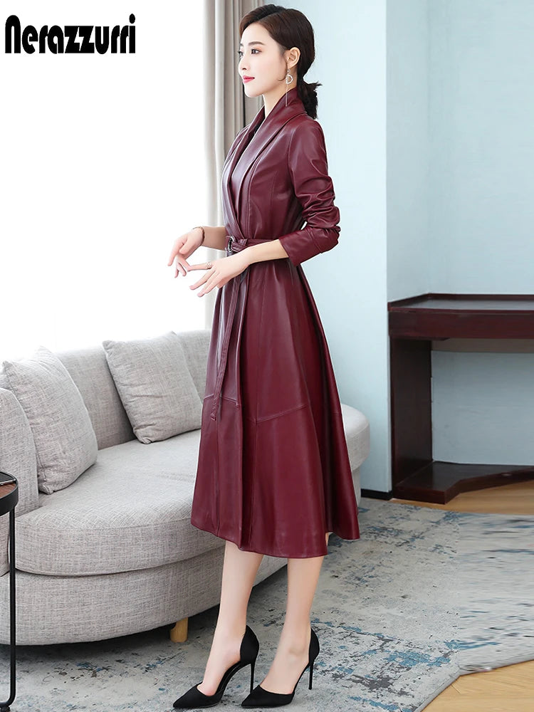 Nerazzurri Autumn Designer Long women Soft Pu leather coats long sleeve belt Black leather trench coat women Korean fashion 2021