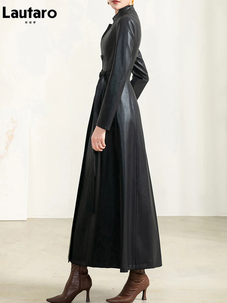 Spring Autumn Long Black Soft Waterproof Faux Leather Coat Women Belt Long Sleeve Single Breasted Luxury Fashion 2022