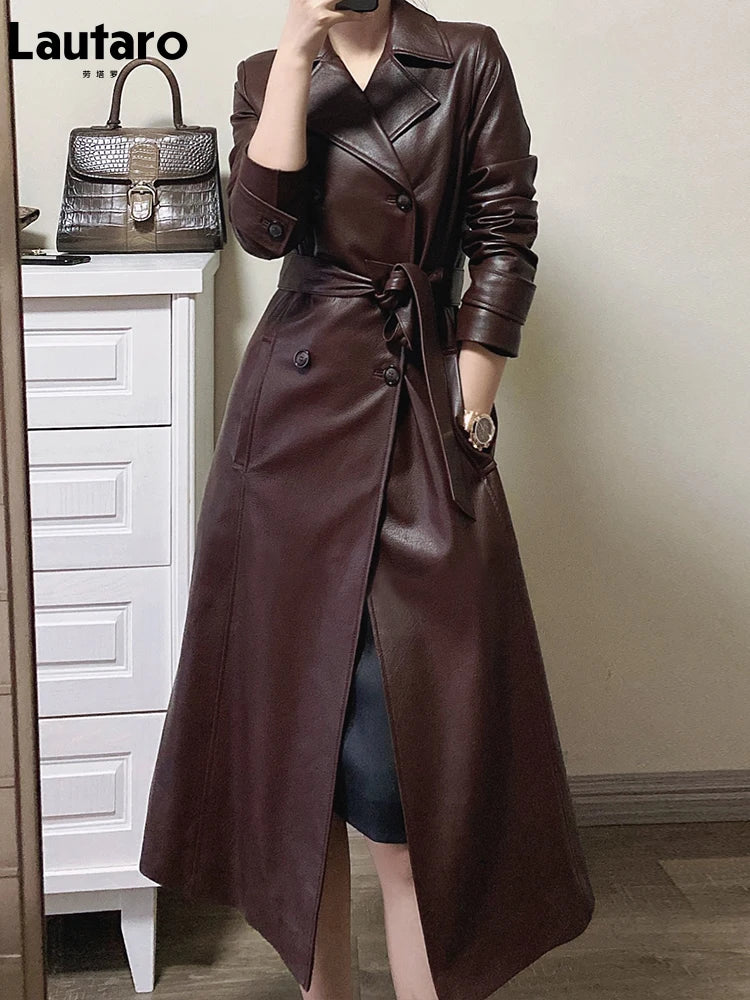 Frühling Herbst Lange Wein Rot Weiche Faux Leder Graben Mantel für Frauen Gürtel Zweireiher Luxus Elegante Mode 2022