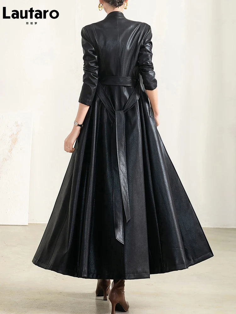 Spring Autumn Long Black Soft Waterproof Faux Leather Coat Women Belt Long Sleeve Single Breasted Luxury Fashion 2022