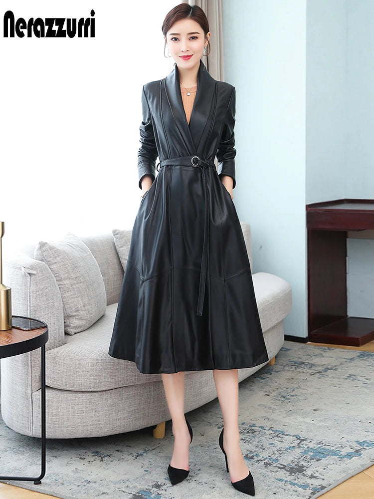 Nerazzurri Autumn Designer Long women Soft Pu leather coats long sleeve belt Black leather trench coat women Korean fashion 2021