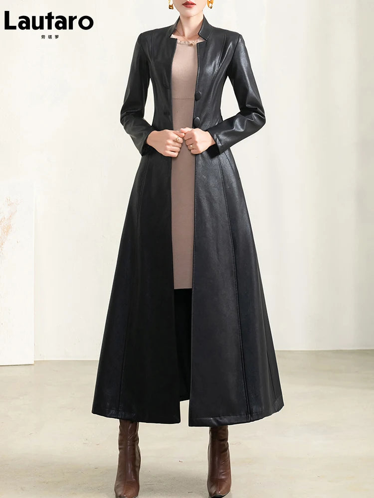 Spring Autumn Long Black Soft Waterproof Faux Leather Coat Women Belt Long Sleeve Single Breasted Luxury Fashion 2022