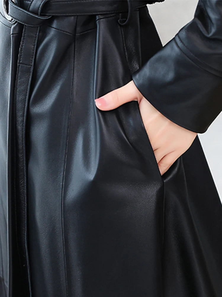 Nerazzurri Autumn Designer Long women Soft Pu leather coats long sleeve belt Black leather trench coat women Korean fashion 2021