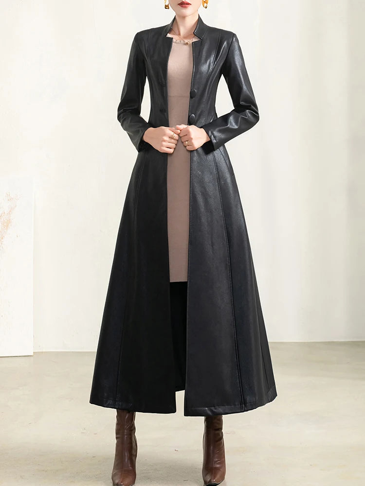 Spring Autumn Long Black Soft Waterproof Faux Leather Coat Women Belt Long Sleeve Single Breasted Luxury Fashion 2022
