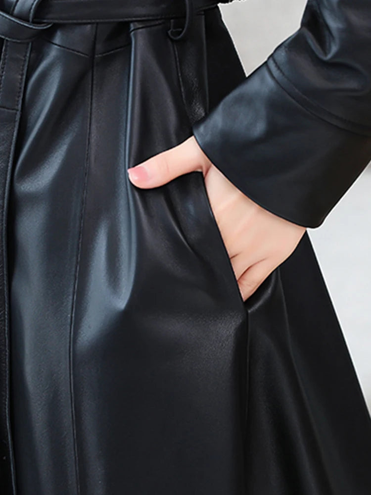 Nerazzurri Autumn Designer Long women Soft Pu leather coats long sleeve belt Black leather trench coat women Korean fashion 2021