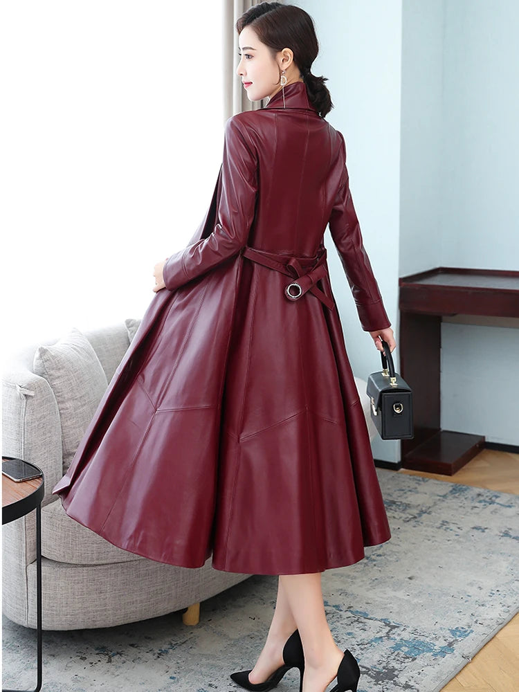 Nerazzurri Autumn Designer Long women Soft Pu leather coats long sleeve belt Black leather trench coat women Korean fashion 2021