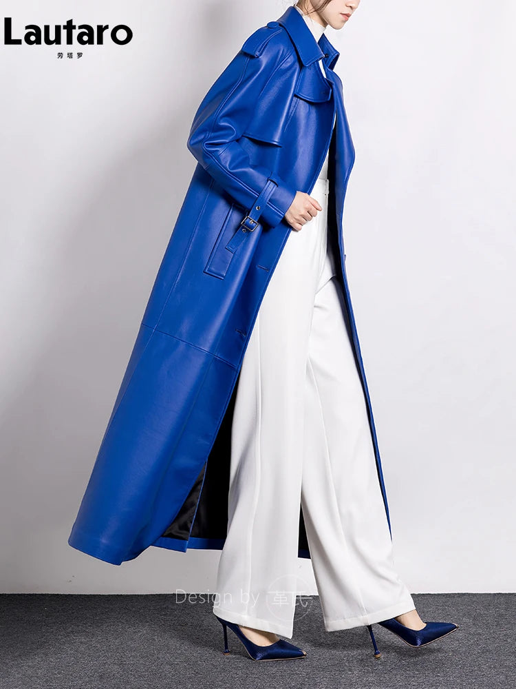 Spring Autumn Extra Long Luxury Elegant Blue Soft Pu Leather Trench Coat for Women Stylish Runway European Fashion 2023