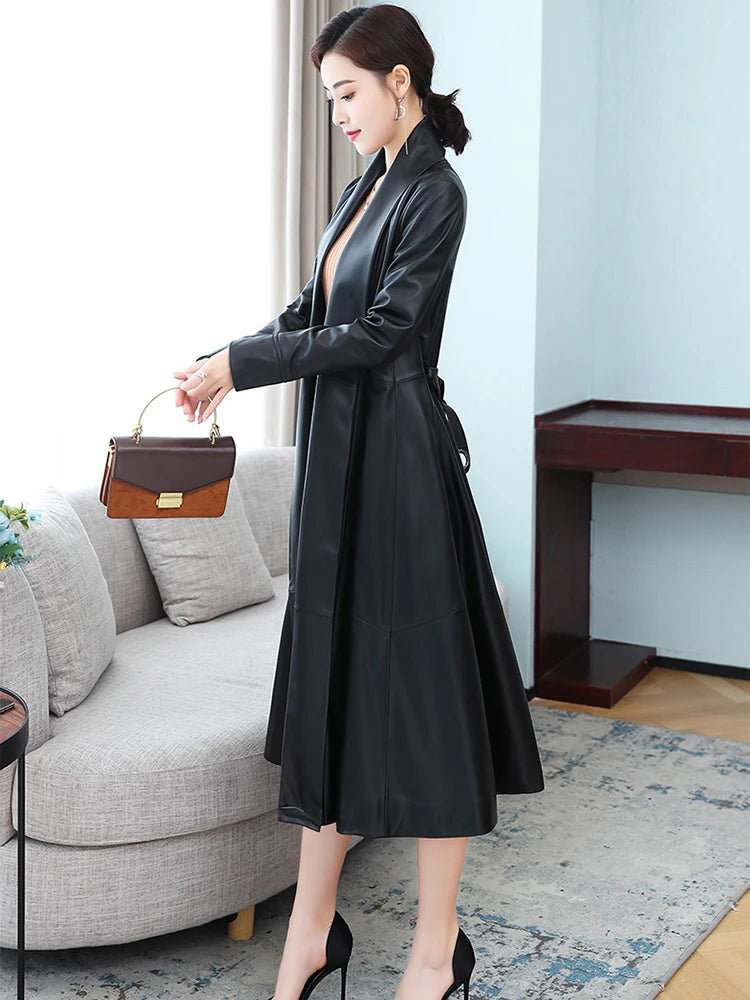 Nerazzurri Autumn Designer Long women Soft Pu leather coats long sleeve belt Black leather trench coat women Korean fashion 2021
