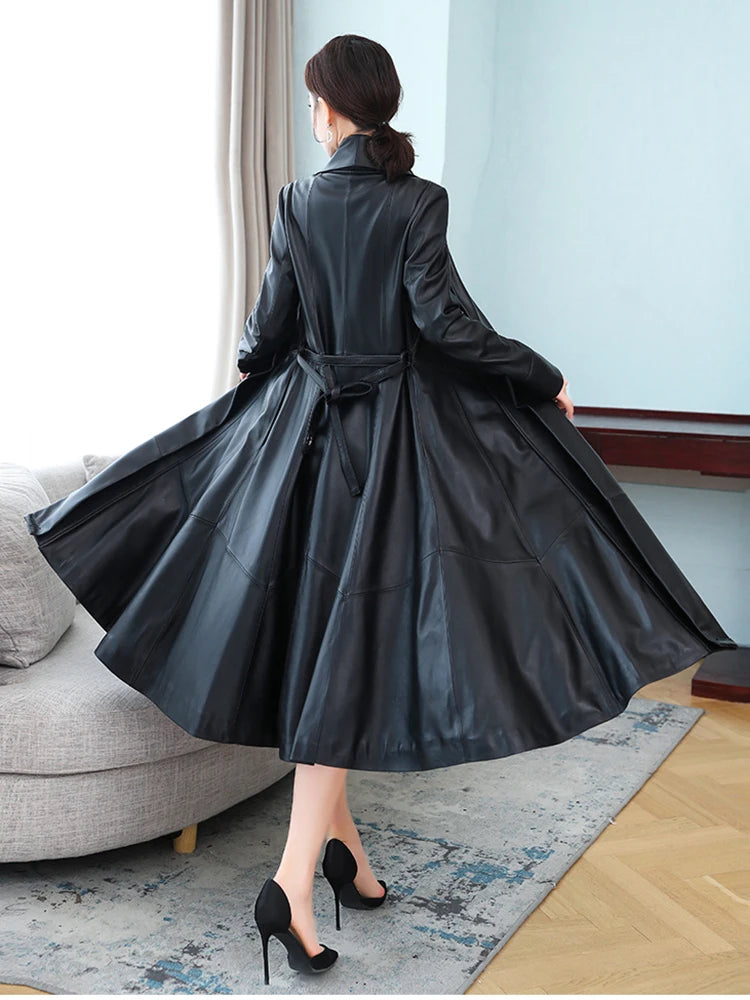 Nerazzurri Autumn Designer Long women Soft Pu leather coats long sleeve belt Black leather trench coat women Korean fashion 2021