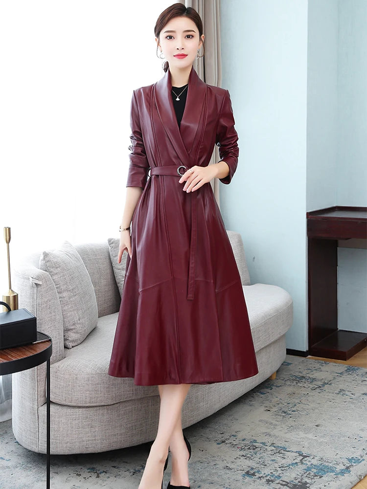 Nerazzurri Autumn Designer Long women Soft Pu leather coats long sleeve belt Black leather trench coat women Korean fashion 2021