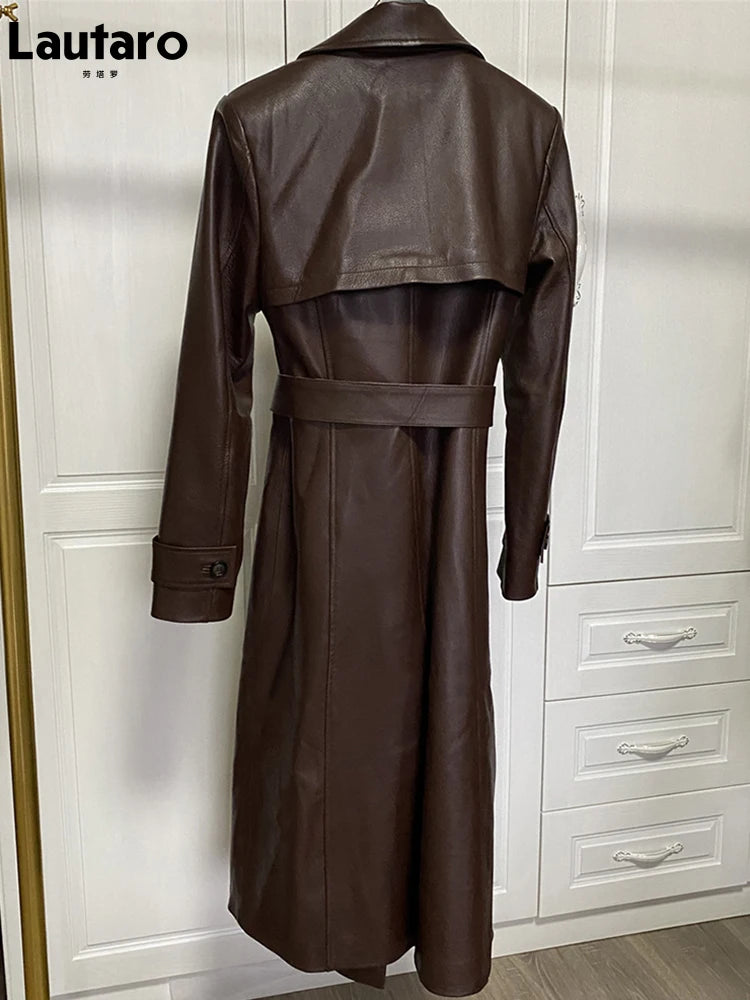 Frühling Herbst Lange Wein Rot Weiche Faux Leder Graben Mantel für Frauen Gürtel Zweireiher Luxus Elegante Mode 2022