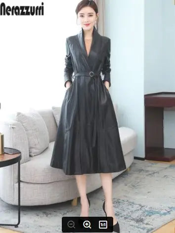 Nerazzurri Autumn Designer Long women Soft Pu leather coats long sleeve belt Black leather trench coat women Korean fashion 2021