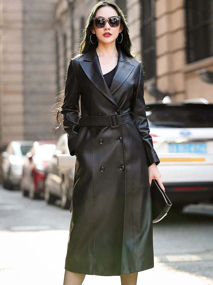 Autumn Black Waterproof Pu Leather Trench Coat for Women Long Sleeve Belt Double Breasted Autumn Designer Fashion