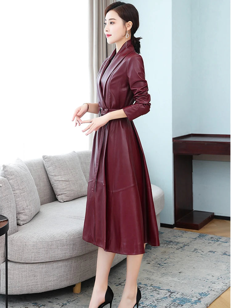 Nerazzurri Autumn Designer Long women Soft Pu leather coats long sleeve belt Black leather trench coat women Korean fashion 2021