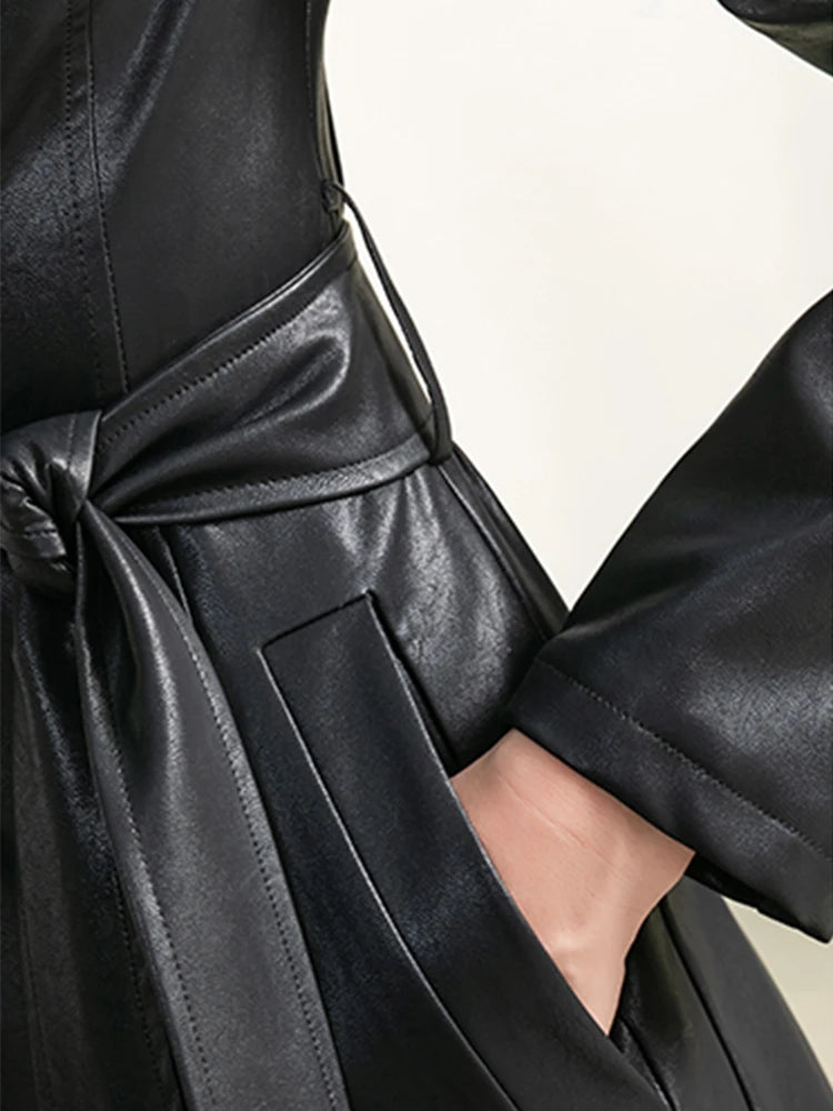 Spring Autumn Long Black Soft Waterproof Faux Leather Coat Women Belt Long Sleeve Single Breasted Luxury Fashion 2022