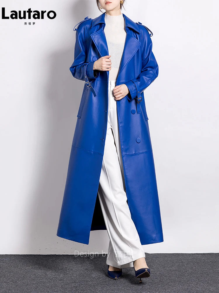 Spring Autumn Extra Long Luxury Elegant Blue Soft Pu Leather Trench Coat for Women Stylish Runway European Fashion 2023