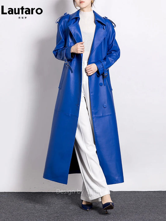 Spring Autumn Extra Long Luxury Elegant Blue Soft Pu Leather Trench Coat for Women Stylish Runway European Fashion 2023
