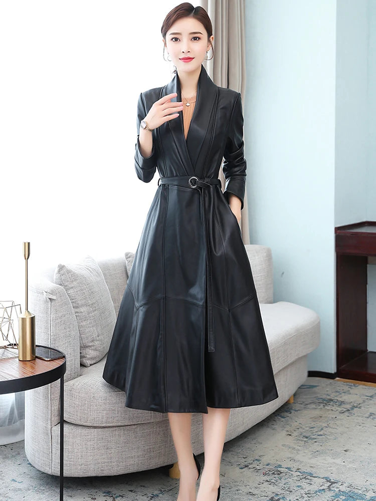 Nerazzurri Autumn Designer Long women Soft Pu leather coats long sleeve belt Black leather trench coat women Korean fashion 2021