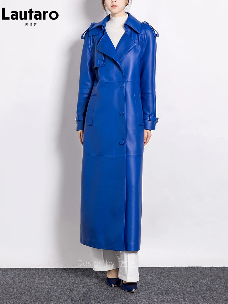 Spring Autumn Extra Long Luxury Elegant Blue Soft Pu Leather Trench Coat for Women Stylish Runway European Fashion 2023