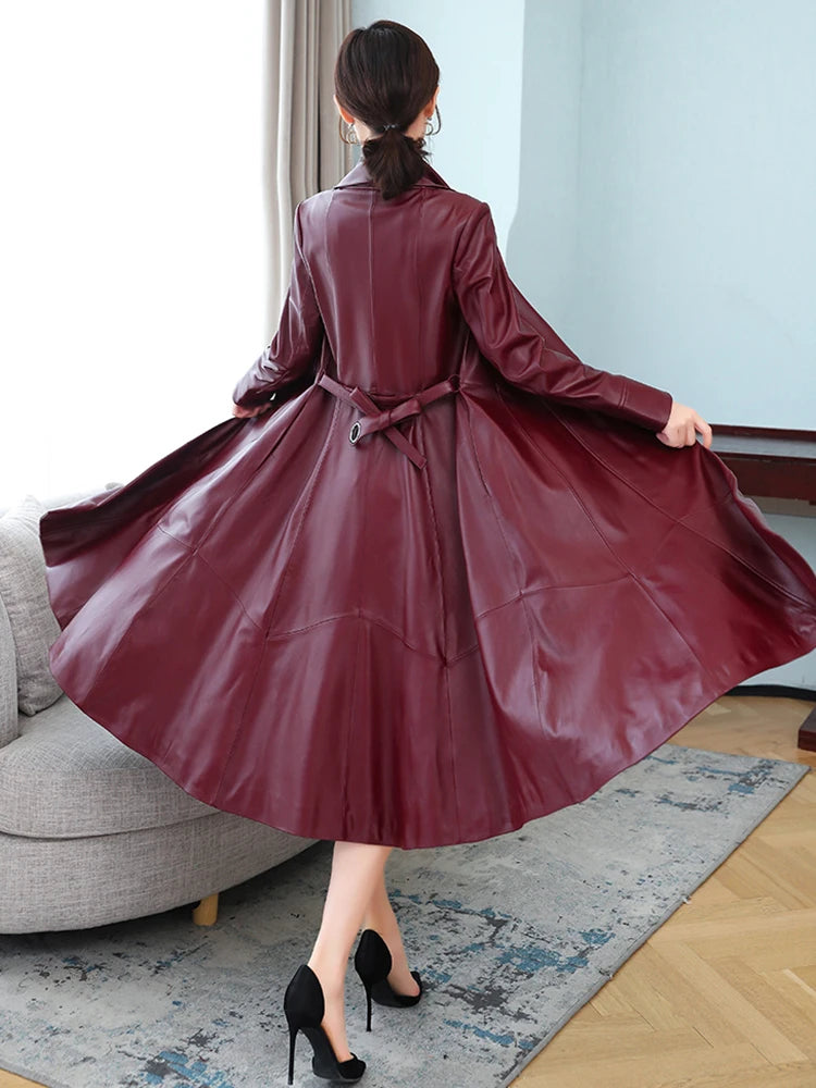 Nerazzurri Autumn Designer Long women Soft Pu leather coats long sleeve belt Black leather trench coat women Korean fashion 2021